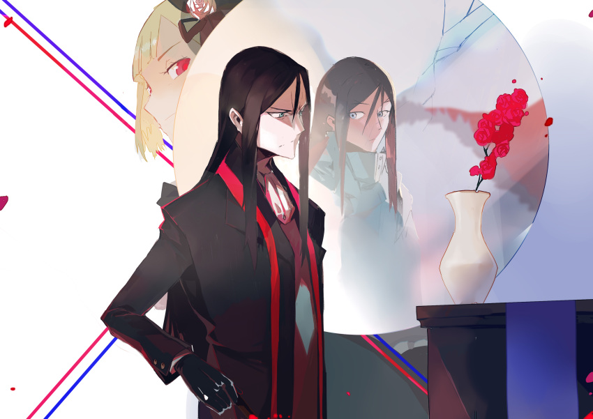 1boy 1girl absurdres black_coat black_gloves black_hair blue_eyes coat different_reflection fate/grand_order fate_(series) flower gloves hair_between_eyes highres long_coat long_hair looking_at_mirror looking_at_self lord_el-melloi_ii lord_el-melloi_ii_case_files male_focus mirror rathalosx4 red_eyes red_flower reflection reines_el-melloi_archisorte sidelocks simple_background smile stole upper_body vase waver_velvet white_background