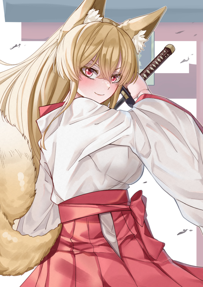 1girl absurdres animal_ears blonde_hair breasts commission fox_ears fox_girl fox_tail hakama hakama_skirt highres holding holding_sword holding_weapon japanese_clothes kimono kitsune long_hair looking_at_viewer maboroshi_mochi miko original pixiv_commission red_hakama redhead shrine simple_background skirt smile solo sword tail weapon white_background white_kimono wide_sleeves
