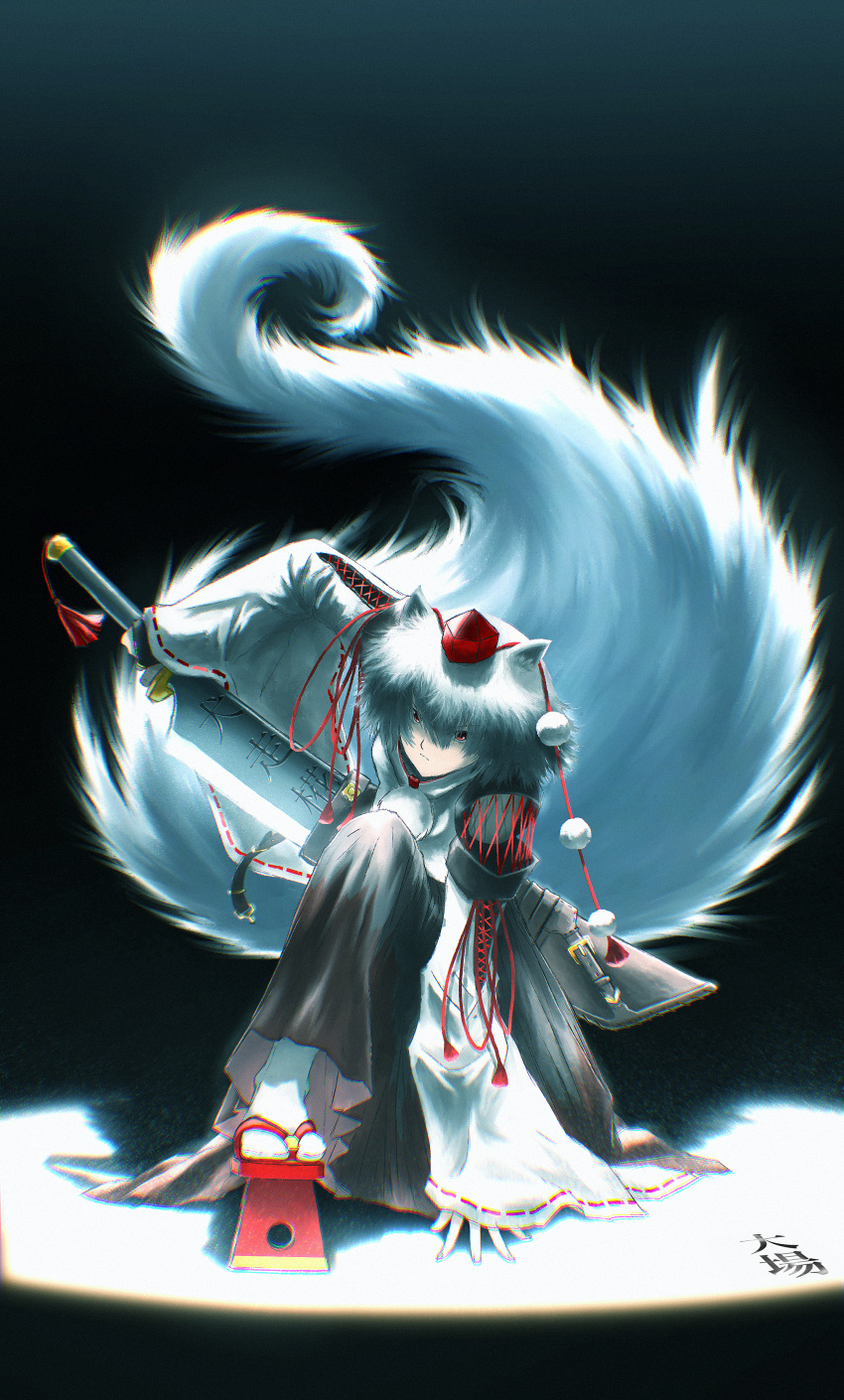 1girl absurdres animal_ears arm_support black_background black_skirt character_name closed_mouth commentary full_body geta hat highres holding holding_sword holding_weapon inubashiri_momiji long_sleeves looking_at_viewer mixed-language_commentary oubachiago pom_pom_(clothes) procreate_(medium) red_eyes red_footwear red_headwear ribbon-trimmed_sleeves ribbon_trim short_hair skirt socks solo sword tail tengu-geta tokin_hat touhou weapon white_hair white_socks wolf_ears wolf_girl wolf_tail
