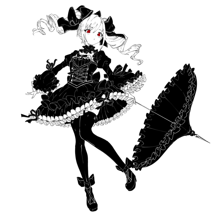 1girl anderson_m0311 cross-laced_clothes cross-laced_dress dress drill_hair frilled_dress frilled_sleeves frilled_umbrella frills full_body gothic_lolita hair_ribbon highres holding holding_umbrella idolmaster idolmaster_cinderella_girls kanzaki_ranko lolita_fashion long_hair looking_at_viewer monochrome parasol red_eyes ribbon simple_background solo spot_color thigh-highs twin_drills twintails umbrella