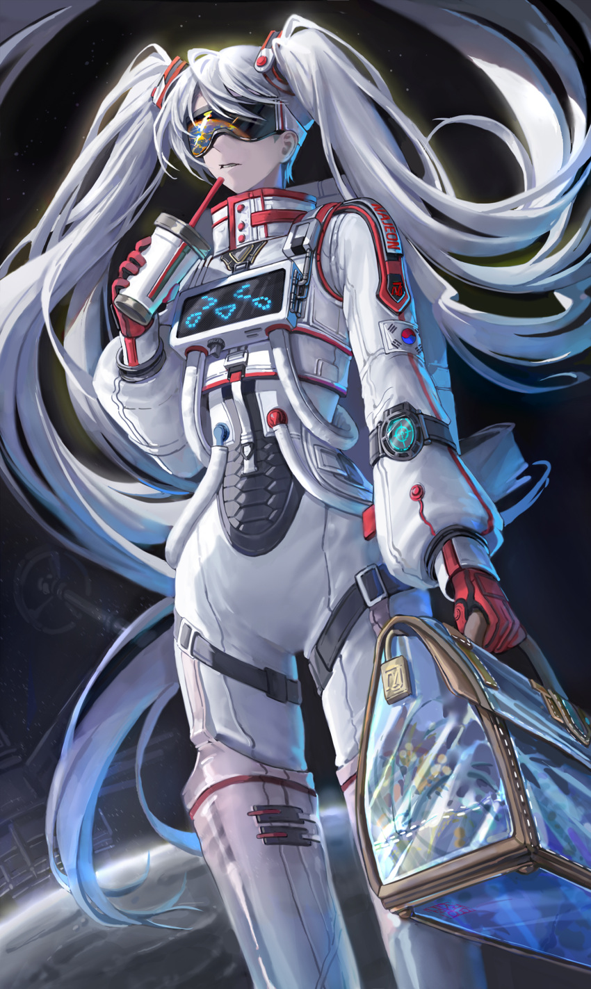 1girl absurdly_long_hair absurdres bag bangsom cup drinking_straw goggles highres holding holding_bag holding_cup long_hair original science_fiction solo south_korean_flag space space_station spacesuit standing teeth tube twintails very_long_hair white_hair