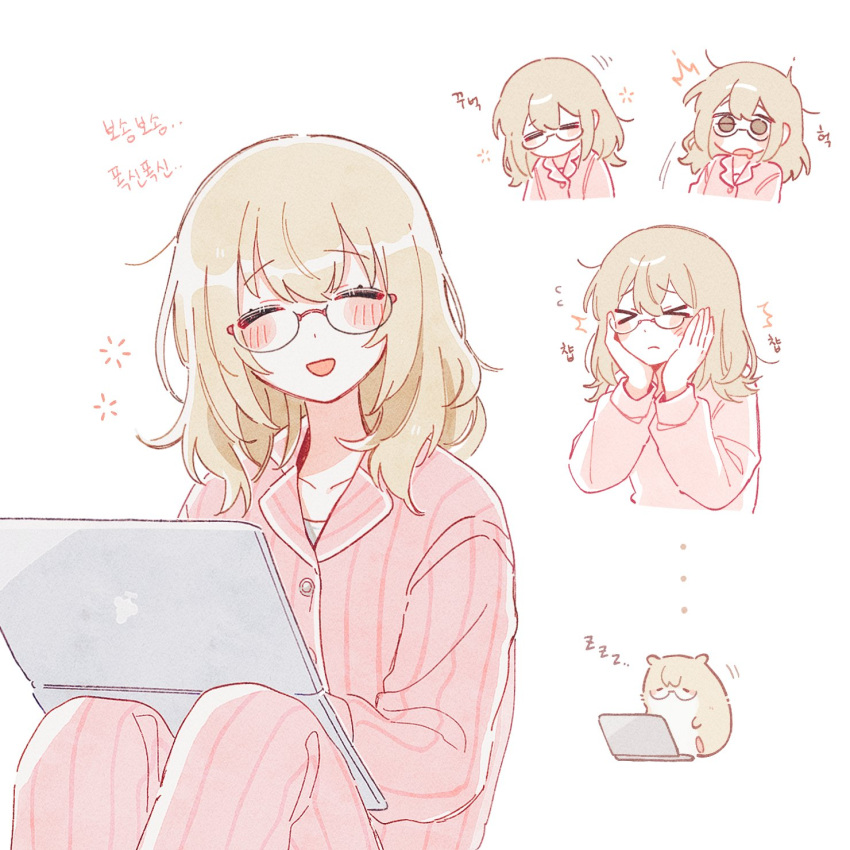 1girl animalization azusawa_kohane blush brown_hair bumgae closed_eyes computer drooling facing_viewer glasses hair_down hamster hands_on_own_cheeks hands_on_own_face highres laptop long_hair long_sleeves multiple_views pajamas pink_pajamas project_sekai simple_background sitting sleepy white_background zzz