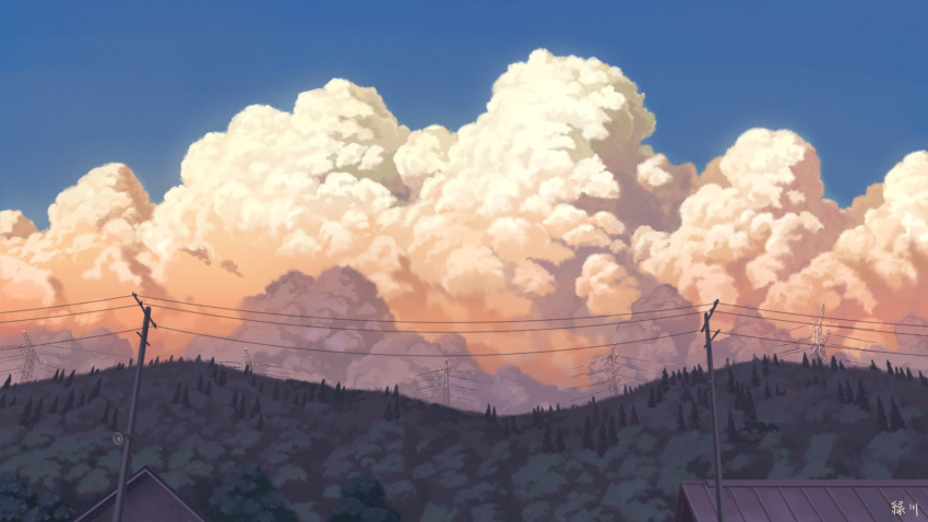 blue_sky building dust_cloud earthquake forest highres house midorikawa0526 nature no_humans original power_lines scenery sky utility_pole village