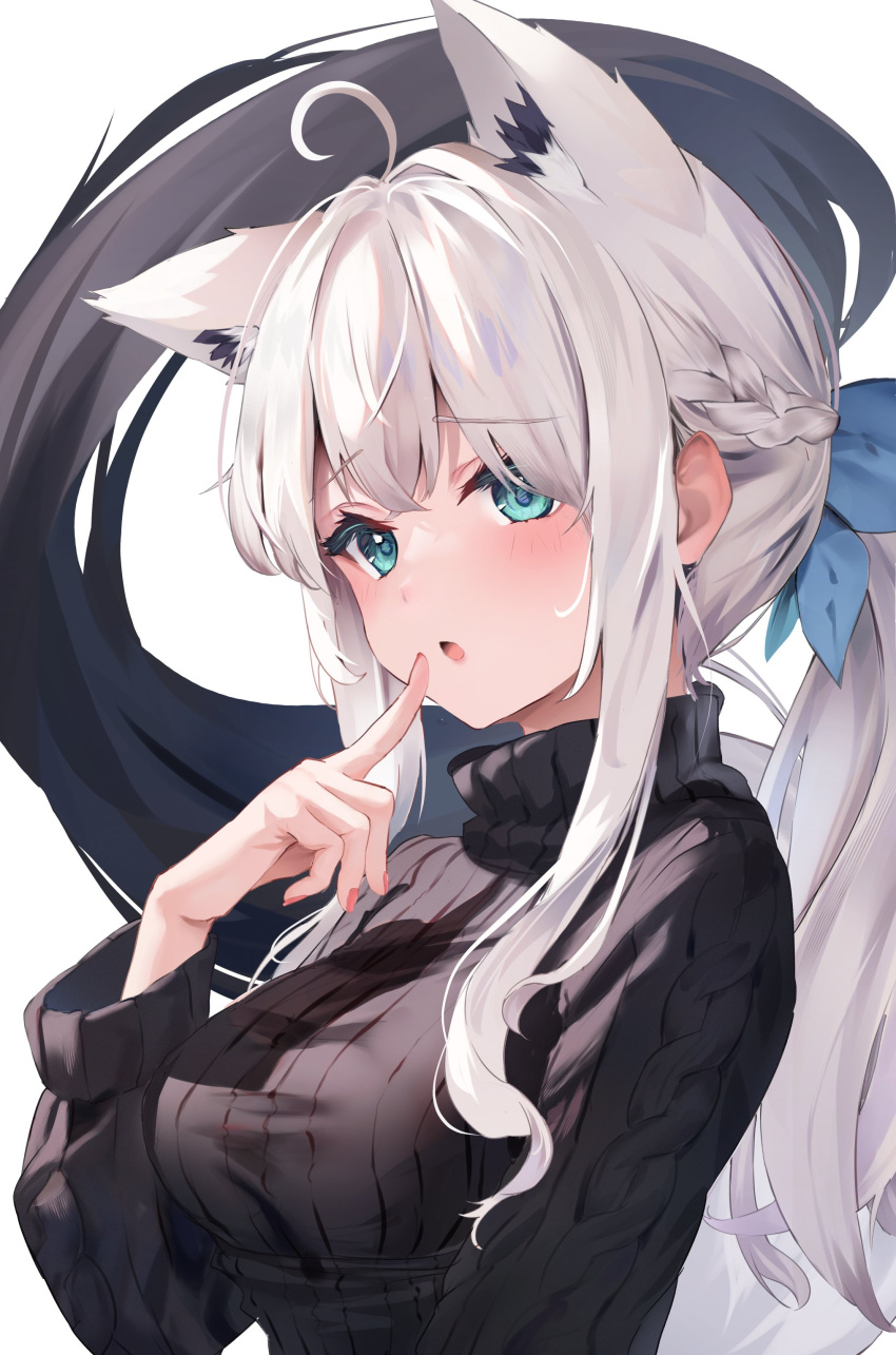 1girl absurdres ahoge animal_ear_fluff animal_ears black_sweater blue_bow blush bow braid breasts commentary_request extra_ears finger_to_mouth fox_ears fox_girl fox_tail french_braid green_eyes hair_between_eyes hair_bow highres hololive long_hair looking_at_viewer medium_breasts open_mouth ponytail red_nails shirakami_fubuki sidelocks simple_background sweater tail uechin_ewokaku virtual_youtuber white_background white_hair