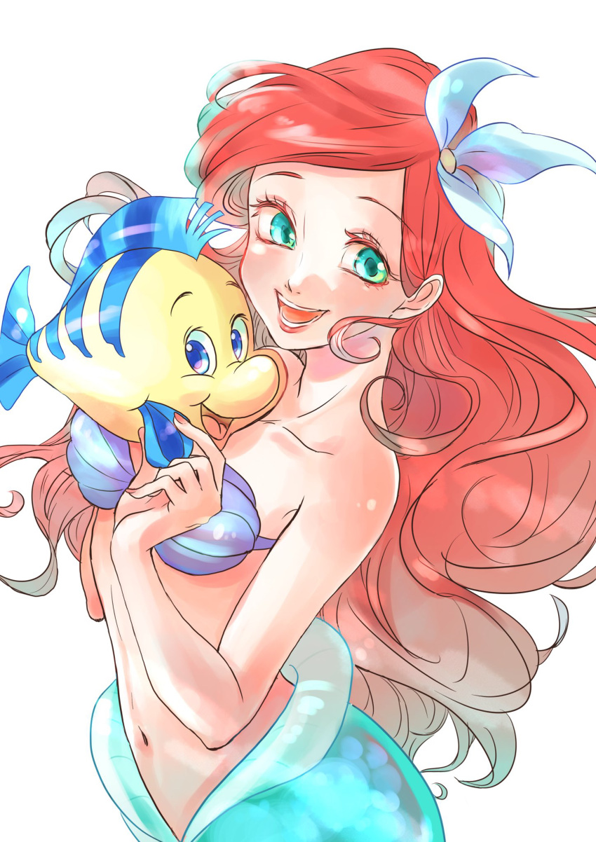 1girl ariel_(disney) fish flounder_(the_little_mermaid) flower green_eyes hair_flower hair_ornament happy highres long_hair looking_at_viewer misoko navel open_mouth redhead shell shell_bikini simple_background teeth the_little_mermaid white_background