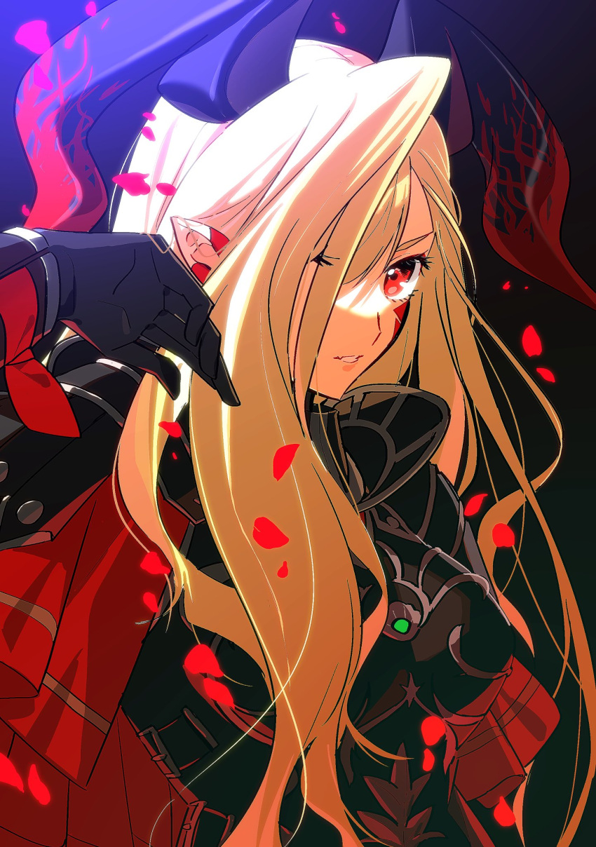 1girl armor black_background blonde_hair breastplate cape chietori fate/grand_order fate_(series) highres horns long_hair looking_at_viewer nero_claudius_(fate) one_eye_covered petals pointy_ears queen_draco_(fate) queen_draco_(third_ascension)_(fate) red_eyes rose_petals upper_body