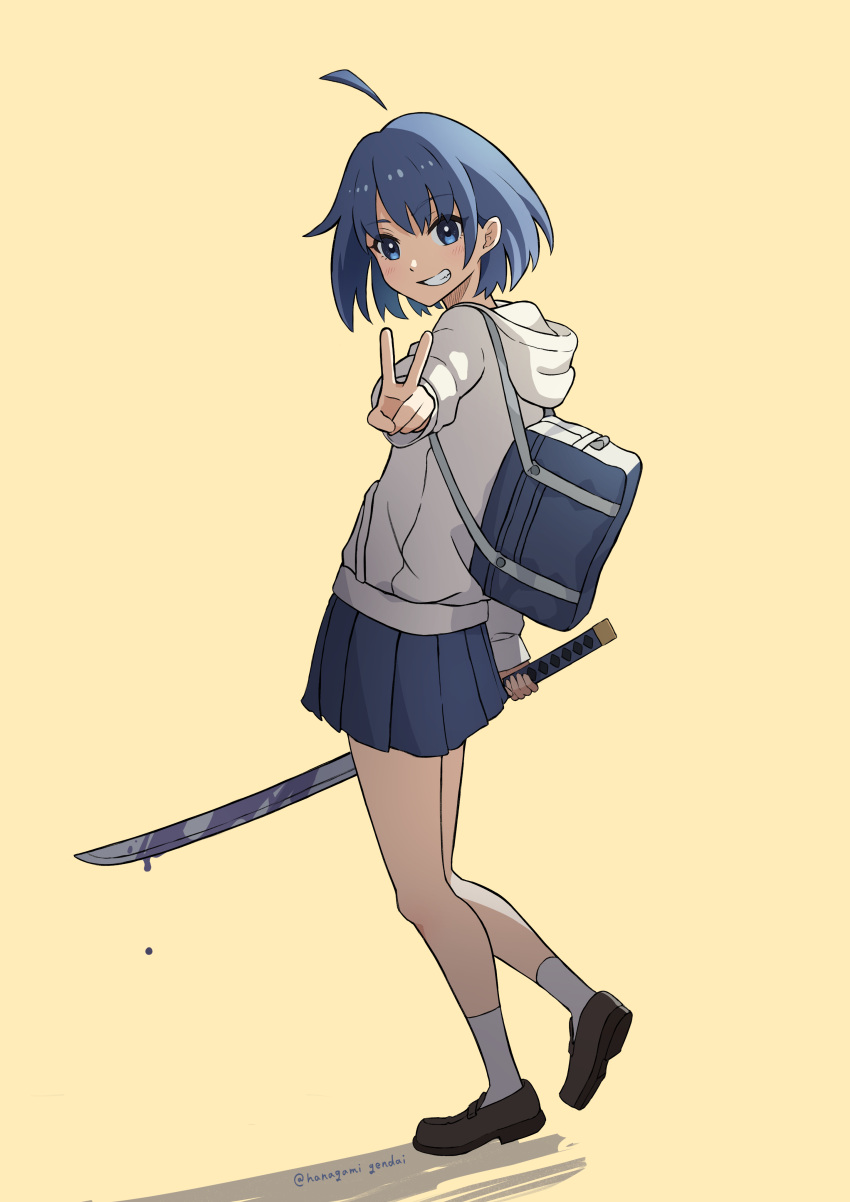 1girl absurdres ahoge backpack bag blue_eyes blue_hair blue_skirt blush brown_footwear commentary_request facing_viewer full_body grin hanagamigendai highres holding holding_sword holding_weapon hood hood_down hoodie katana loafers long_sleeves looking_ahead original pleated_skirt shoes short_hair simple_background skirt smile solo standing sword twitter_username uniform v weapon white_hoodie yellow_background