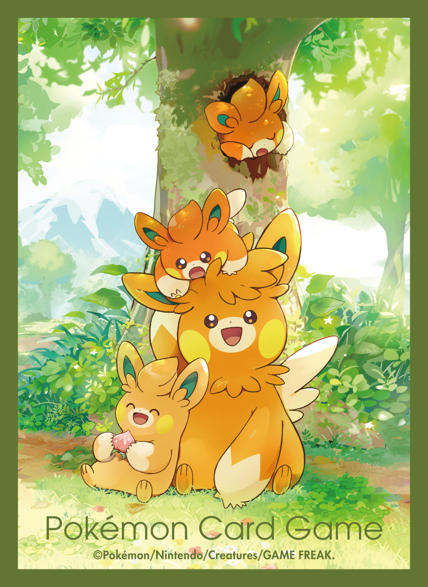 :d absurdres berry_(pokemon) border bright_pupils brown_eyes bush closed_eyes commentary_request day evolutionary_line green_border highres in_tree no_humans official_art open_mouth outdoors pawmi pawmo pawmot pokemon pokemon_(creature) pokemon_tcg sitting smile tongue tree u_u white_pupils