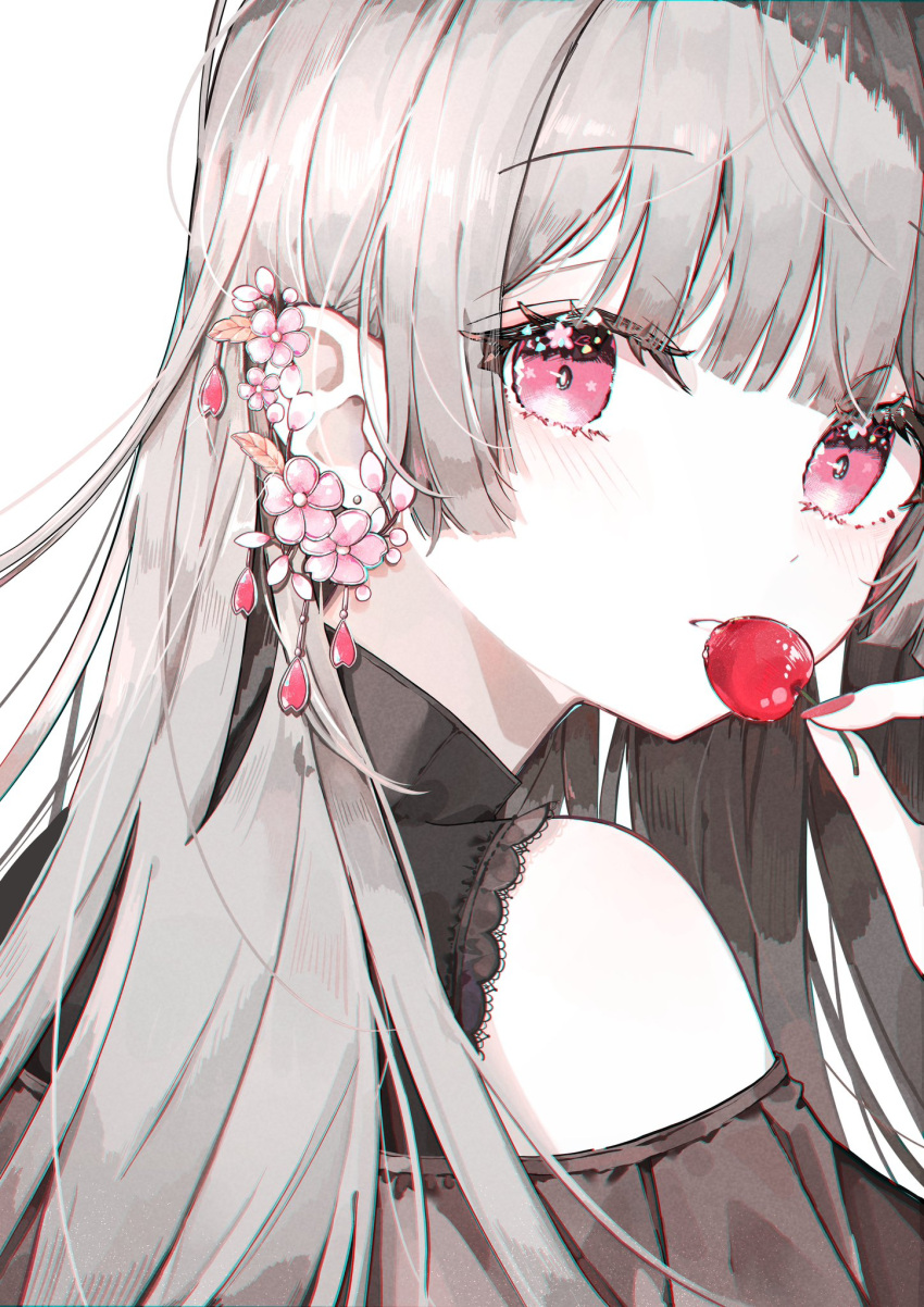 1girl bare_shoulders black_shirt blush cherry close-up dangle_earrings earrings eye_glitter fingernails flower flower_earrings flower_in_eye food from_side fruit gem harunatwo1228 highres jewelry long_hair looking_at_viewer original pink_eyes pink_flower pink_nails raised_eyebrows shirt sideburns simple_background solo star_(symbol) star_in_eye symbol_in_eye white_background white_hair