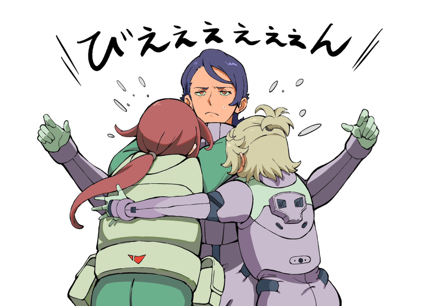 1boy 2girls blue_hair brown_hair crying dark-skinned_male dark_skin felsi_rollo frown gundam gundam_suisei_no_majo half_updo highres hover_hand hug lauda_neill multiple_girls petra_itta pilot_suit ponytail suiseikaro white_background