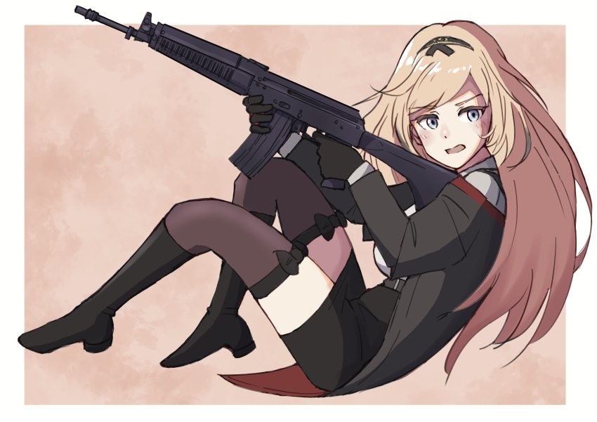 1girl absurdres black_bow black_footwear black_gloves black_jacket black_skirt blonde_hair blue_eyes boots bow brown_background brown_thighhighs commentary_request commission from_side girls_frontline gloves gun haldeco highres holding holding_gun holding_weapon jacket long_hair long_sleeves looking_at_viewer looking_to_the_side name_connection object_namesake off-shoulder_jacket off_shoulder open_mouth shirt skeb_commission skirt solo stg-940_(girls'_frontline) thigh-highs thighhighs_under_boots two-tone_background very_long_hair weapon white_background white_shirt wieger_stg-940