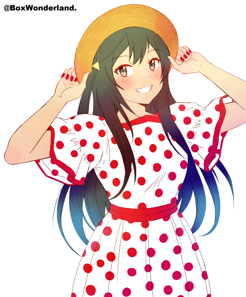 1girl absurdres black_hair blush box_wonderland dress english_commentary grey_background grin hair_ornament hat hayashi_coco highres holding holding_clothes holding_hat love_live! love_live!_nijigasaki_high_school_idol_club one_side_up polka_dot polka_dot_dress red_nails smile solo twitter_username upper_body voice_actor_connection white_background yuuki_setsuna_(love_live!)