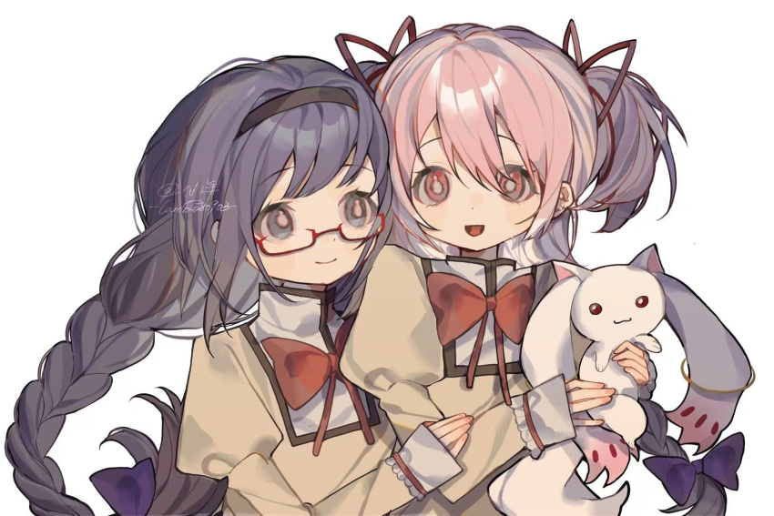2girls akemi_homura artist_name black_hairband bow bowtie braid collared_jacket creature eye_contact glasses grey_eyes hair_bow hair_ribbon hairband hand_on_another's_arm highres holding holding_creature jacket juliet_sleeves kaname_madoka kyubey long_hair long_sleeves looking_at_another mahou_shoujo_madoka_magica mitakihara_school_uniform multiple_girls open_mouth pink_eyes pink_hair puffy_sleeves purple_hair red-framed_eyewear red_bow red_bowtie ribbon school_uniform semi-rimless_eyewear shixiaoqina short_twintails signature simple_background smile twin_braids twintails under-rim_eyewear upper_body white_background yellow_jacket