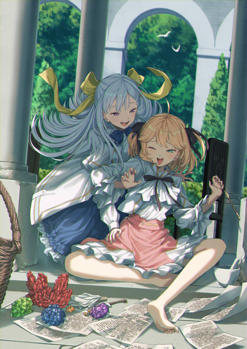 2girls :d absurdres ahoge anisphia_wynn_palettia arch architecture bird_wings black_ribbon blue_bow blue_bowtie blue_dress blue_hair blue_nails blush bow bowtie brown_hair column crossed_legs crystal dot_nose dress euphyllia_magenta frilled_dress frilled_skirt frills full_body gold_trim green_eyes hair_bow hair_ribbon hedge highres jacket long_hair long_sleeves looking_at_another mochi_(m0chi0000) mortar_(bowl) multiple_girls nail_polish neck_ribbon one_eye_closed open_clothes open_jacket open_mouth outdoors paper pillar pink_shirt puffy_sleeves ribbon shirt shirt_tucked_in sitting skirt sleeve_cuffs smile tensei_oujo_to_tensai_reijou_no_mahou_kakumei tree two_side_up violet_eyes white_jacket white_shirt wicker_basket wings yellow_bow