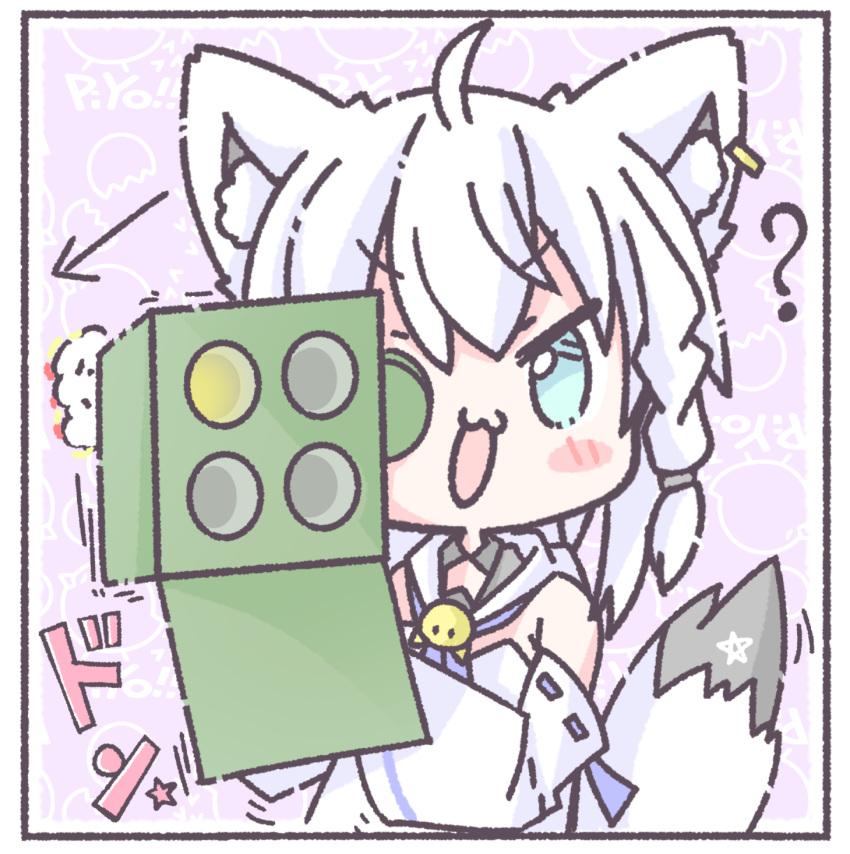1girl ? ahoge animal_ear_fluff animal_ears arrow_(symbol) blue_neckerchief blush braid chibi chinoru commentary_request detached_sleeves earrings fox_ears fox_girl fox_tail green_eyes hair_between_eyes highres holding holding_weapon hololive hood hoodie jewelry long_hair looking_at_viewer m202 neckerchief open_mouth pentagram rocket_launcher shirakami_fubuki sidelocks single_braid solo tail virtual_youtuber weapon white_hair white_hoodie you're_doing_it_wrong