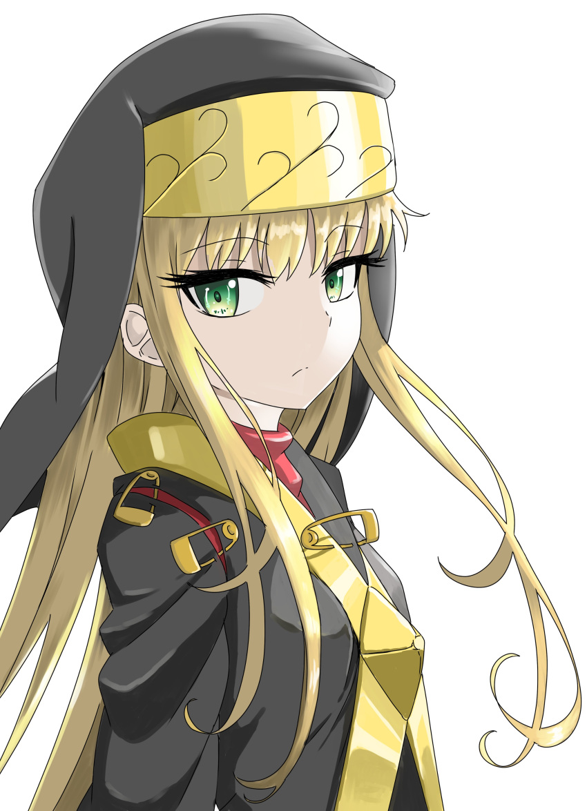 1girl absurdres alternate_color alternate_hair_color blonde_hair closed_mouth commentary_request green_eyes habit highres index_(toaru_majutsu_no_index) long_hair looking_at_viewer nun paradox_(hatto_air) safety_pin simple_background solo toaru_majutsu_no_index upper_body white_background