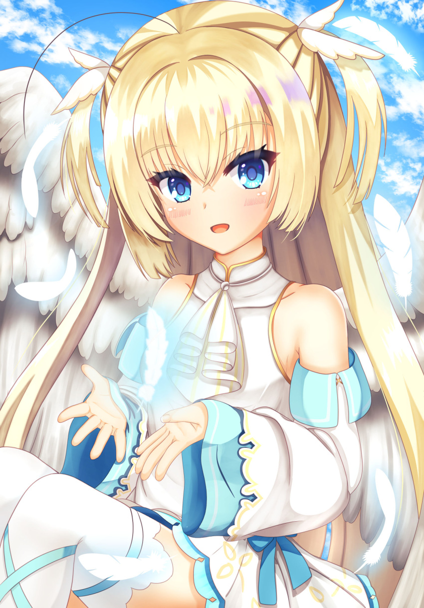 1girl :d angel angel_wings ascot bare_shoulders blonde_hair blue_eyes blue_ribbon blue_sky blush breasts clouds commentary_request crossed_bangs day detached_sleeves eyelashes eyes_visible_through_hair feathered_wings feathers glowing_feather hair_between_eyes half_updo hands_up highres knees_up leg_ribbon long_hair long_sleeves looking_at_viewer miniskirt open_hands open_mouth pleated_skirt plumtea_an quad_tails ribbon shirayuki_noa sidelocks sitting skirt sky small_breasts smile solo tenshi_souzou two_side_up very_long_hair white_ascot white_feathers white_skirt white_sleeves wide_sleeves wing_hair_ornament wings zettai_ryouiki