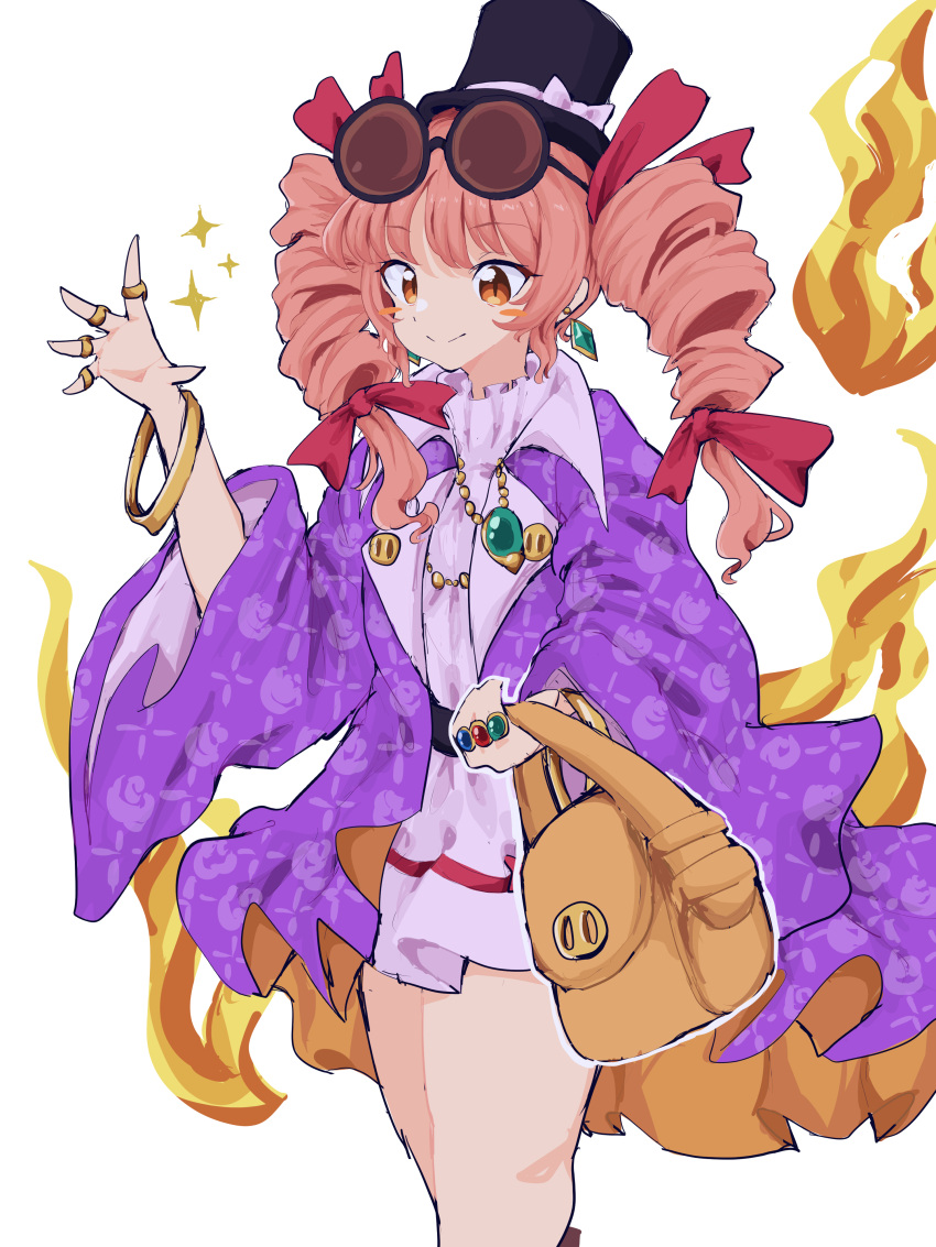 1girl absurdres bag bow closed_mouth coat commentary_request cowboy_shot dress drill_hair drop_earrings earrings eyewear_on_head fire frills hair_bow hair_ribbon hand_up handbag hat hat_bow highres jewelry light_brown_hair long_hair mugi_(mugimugi_9kv) necklace orange_eyes purple_coat red_bow ribbon ring round_eyewear short_dress simple_background sleeves_past_elbows smile solo sparkle standing top_hat touhou tress_ribbon twin_drills white_background white_bow white_dress wide_sleeves yorigami_jo'on