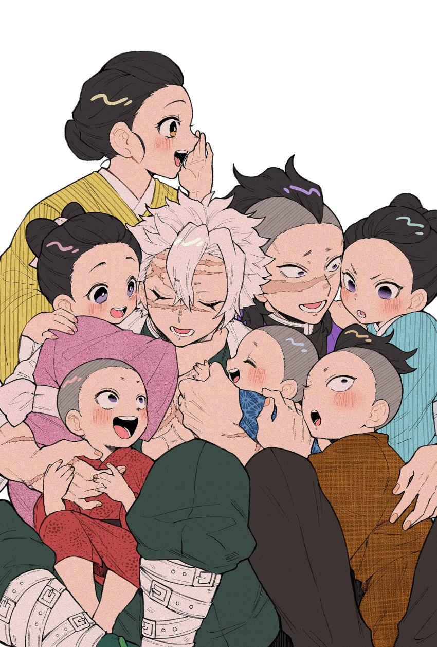 4girls 5boys :o affectionate black_hair black_pants bow-shaped_hair brother_and_sister brothers brown_kimono buzz_cut calling carrying child child_carry closed_eyes demon_slayer_uniform family female_child gohanha118 green_pants grey_hair group_hug hair_bun hair_pulled_back hand_on_another's_back hand_on_another's_shoulder hand_up happy highres holding_hands hug japanese_clothes kimetsu_no_yaiba kimono knees_up leg_belt leg_wrap long_sleeves looking_at_another looking_away looking_to_the_side male_child mohawk multiple_boys multiple_girls pants pink_kimono profile red_kimono scar scar_on_arm scar_on_chest scar_on_face scar_on_forehead scar_on_nose shinazugawa_genya shinazugawa_hiroshi shinazugawa_koto shinazugawa_sanemi shinazugawa_shizu shinazugawa_shuya shinazugawa_sumi shinazugawa_teiko short_hair siblings simple_background single_hair_bun sisters sitting sitting_on_lap sitting_on_person updo very_short_hair violet_eyes white_background wide_sleeves yellow_eyes yellow_kimono