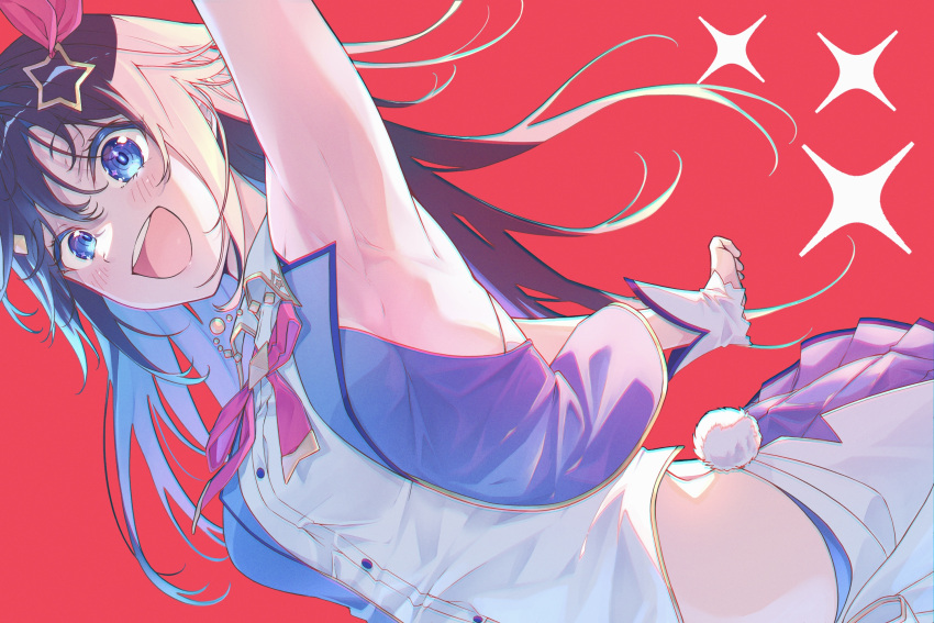 1girl arm_up armpits blue_eyes brown_hair diamond_hair_ornament hair_flaps hair_ornament hakua_(aiziro_039) highres hololive idol long_hair looking_at_viewer midriff open_mouth red_background simple_background skirt sleeveless solo star_(symbol) star_hair_ornament teeth tokino_sora tokino_sora_(1st_costume) upper_teeth_only vest virtual_youtuber