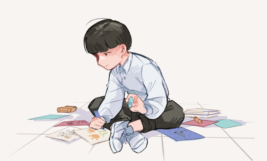 1boy black_hair black_pants blunt_bangs closed_mouth collared_shirt commentary crayon drawing english_commentary full_body grey_background grey_shirt highres holding holding_crayon indian_style kageyama_shigeo long_sleeves male_focus mob_psycho_100 mp100days pants shadow shirt shoes short_hair simple_background sitting smile sneakers solo white_footwear
