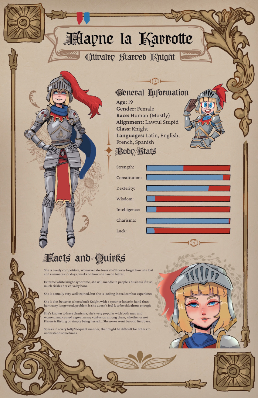 1girl absurdres armor basedbinkie blonde_hair blue_eyes dungeons_and_dragons helmet highres knight knight_(basedbinkie) medium_hair mole mole_under_mouth original pelvic_curtain plate_armor plume reference_sheet scarf solo
