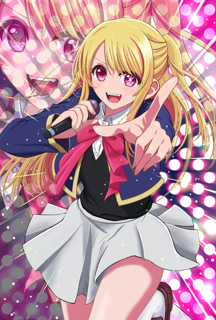 1girl black_vest blonde_hair blue_jacket blush bow bowtie brown_footwear collared_shirt cropped_jacket grey_skirt highres holding holding_microphone hoshino_ruby idol jacket long_hair long_sleeves microphone mismatched_pupils music one_side_up open_mouth oshi_no_ko pink_bow pink_bowtie pink_eyes pointing pointing_at_viewer school_uniform shirt sidelocks singing skirt socks solo star-shaped_pupils star_(symbol) swept_bangs symbol-shaped_pupils teeth vest white_shirt white_socks youtou_high_school_uniform zaofeng zoom_layer