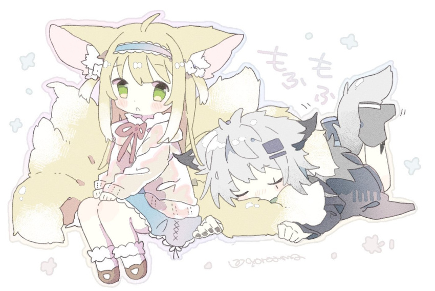 2girls ahoge animal_ears arknights artist_name black_footwear black_jacket black_nails blue_hairband blue_skirt blush bobby_socks boots brown_footwear cardigan closed_eyes commentary_request fox_ears fox_girl fox_tail frilled_hairband frills green_eyes hair_ornament hair_scrunchie hairband hairclip hugging_another's_tail hugging_tail jacket kitsune kyuubi lappland_(arknights) long_sleeves mary_janes multiple_girls multiple_tails naguru_(cyoroama) neck_ribbon nose_blush official_alternate_costume oripathy_lesion_(arknights) parted_lips puffy_long_sleeves puffy_sleeves red_ribbon ribbon scar scar_across_eye scrunchie shoes simple_background skirt socks suzuran_(arknights) suzuran_(spring_praise)_(arknights) tail twitter_username white_background white_socks wolf_ears wolf_girl wolf_tail yellow_cardigan