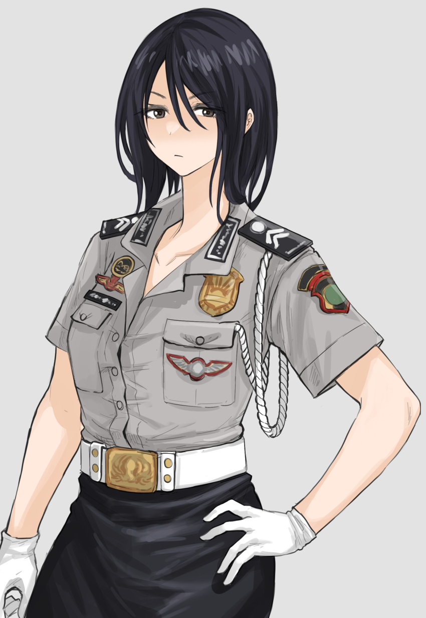 1girl absurdres belt black_eyes black_hair black_skirt closed_mouth collarbone commentary_request fuku_(fuku12290574) gloves grey_shirt hand_on_own_hip highres indonesia indonesian_national_police looking_at_viewer medium_hair name_tag original police police_badge police_uniform policewoman shirt skirt solo uniform upper_body v-shaped_eyebrows white_background white_belt white_gloves