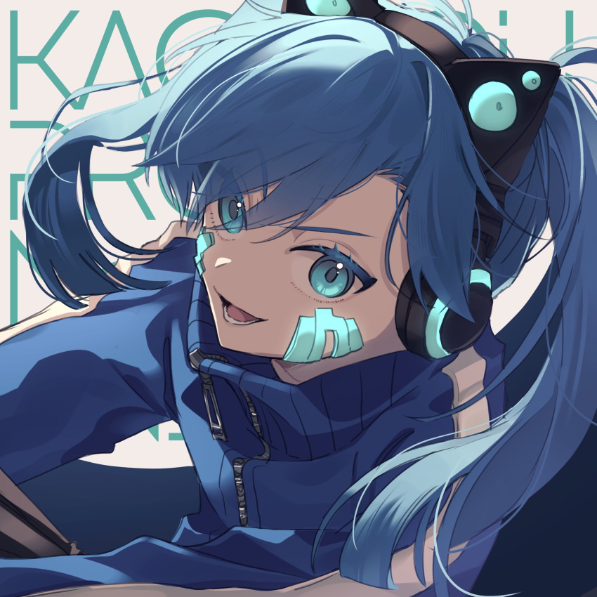 1girl animal_ear_headphones animal_ears blue_eyes blue_hair blue_jacket blue_theme blunt_ends cat_ear_headphones cat_ears collared_jacket colored_eyelashes colored_text commentary copyright_name ene_(kagerou_project) facial_mark fake_animal_ears glowing hair_between_eyes hair_over_one_eye headphones highres jacket kagerou_project long_hair long_sleeves lower_teeth_only mekakucity_actors mokemoke_chan open_mouth popped_collar simple_background single_stripe smile solo striped teeth tsurime twintails white_background white_stripes zipper