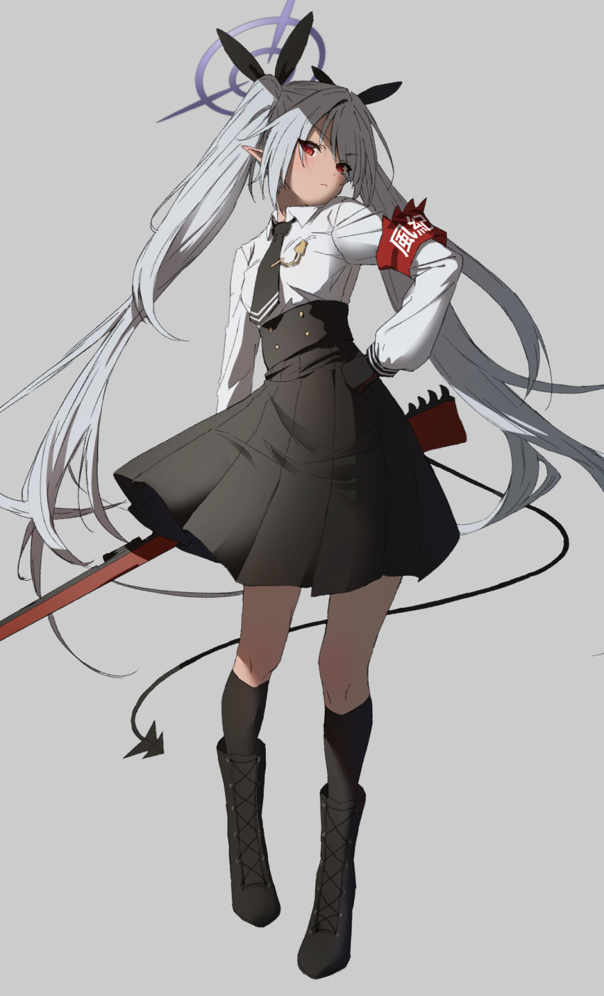 1girl black_necktie black_skirt black_socks blue_archive bolt_action boots collared_shirt commentary_request dark-skinned_female dark_skin demon_girl demon_tail full_body grey_hair gun hair_over_one_eye hair_ribbon halo hand_on_own_hip head_tilt high-waist_skirt highres holding holding_gun holding_weapon iori_(blue_archive) knee_boots kneehighs long_hair long_sleeves looking_at_viewer mauser_98 mogurii necktie pleated_skirt pointy_ears red_armband red_eyes ribbon rifle school_uniform shirt sidelocks simple_background skirt socks solo standing tail tie_clip twintails weapon white_shirt