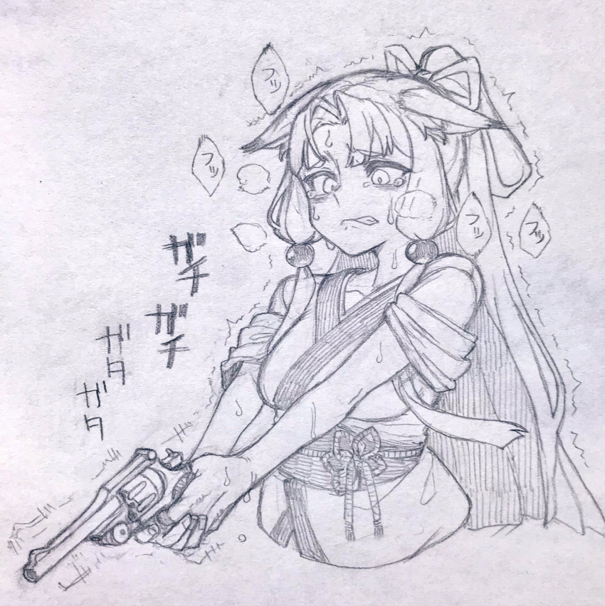 1girl animal_ears bags_under_eyes collarbone commentary_request cropped_torso ears_down flower_knot fox_ears fox_girl furrowed_brow graphite_(medium) greyscale grimace gun hair_ribbon heavy_breathing high_ponytail highres holding holding_gun holding_weapon japanese_clothes kimono monochrome obi obijime outstretched_arms parted_bangs revolver ribbon sash short_kimono sidelocks sleeves_rolled_up solo sound_effects sweat sweating_profusely tearing_up toriniku29 touhoku_itako traditional_media translation_request trembling two-handed voiceroid weapon