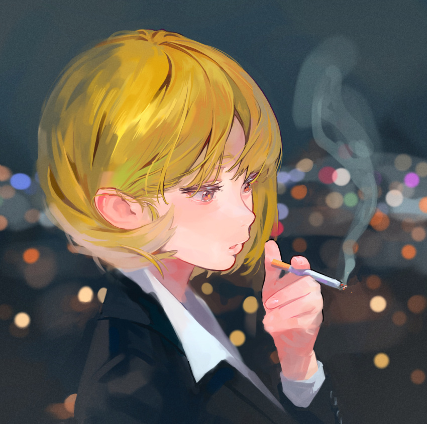 1girl bags_under_eyes black_suit blonde_hair blurry blurry_background bokeh cigarette depth_of_field formal from_side highres holding holding_cigarette looking_down night original revision sekoshi_(some1else45) shirt short_hair smoking solo some1else45 suit white_shirt