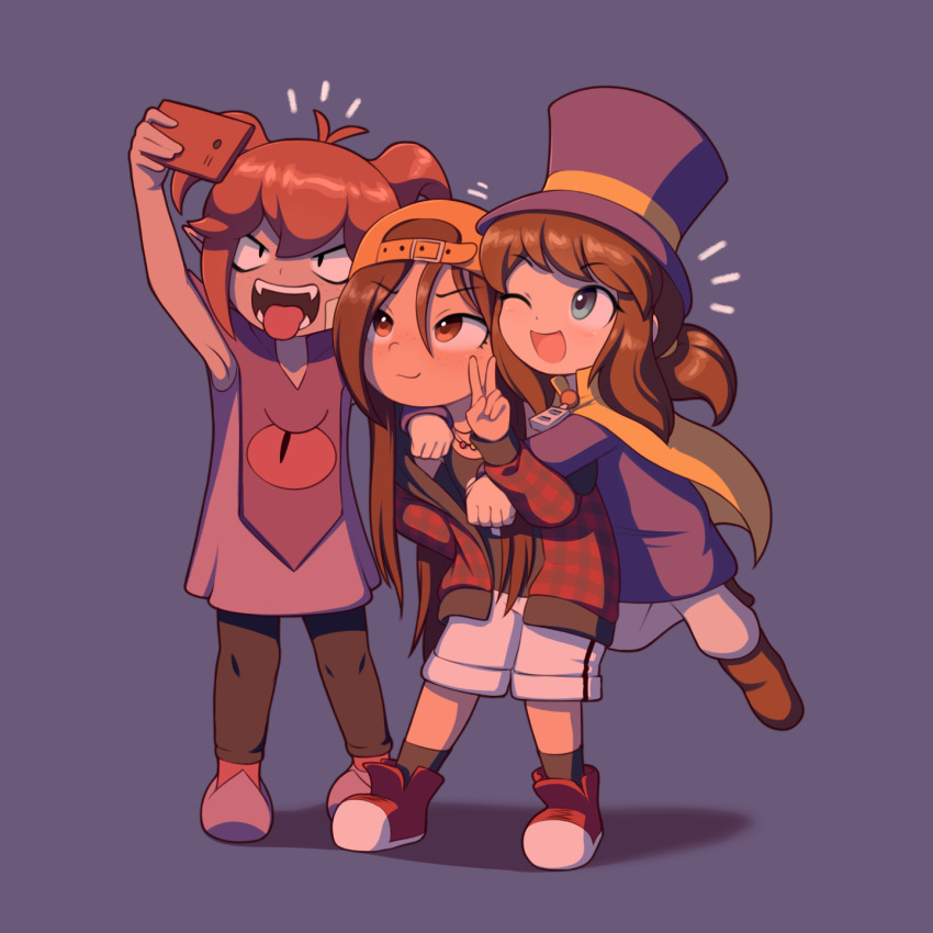 3girls a_hat_in_time backwards_hat beebz_(demon_turf) blue_eyes brown_eyes brown_hair carol_(onirism) cellphone commentary crossover demon_turf english_commentary fangs hat hat_kid highres holding holding_phone jacket multiple_crossover multiple_girls one_eye_closed onirism open_mouth phone plaid plaid_jacket ponytail selfie shino_(baraag) smartphone smile tongue tongue_out top_hat twintails v