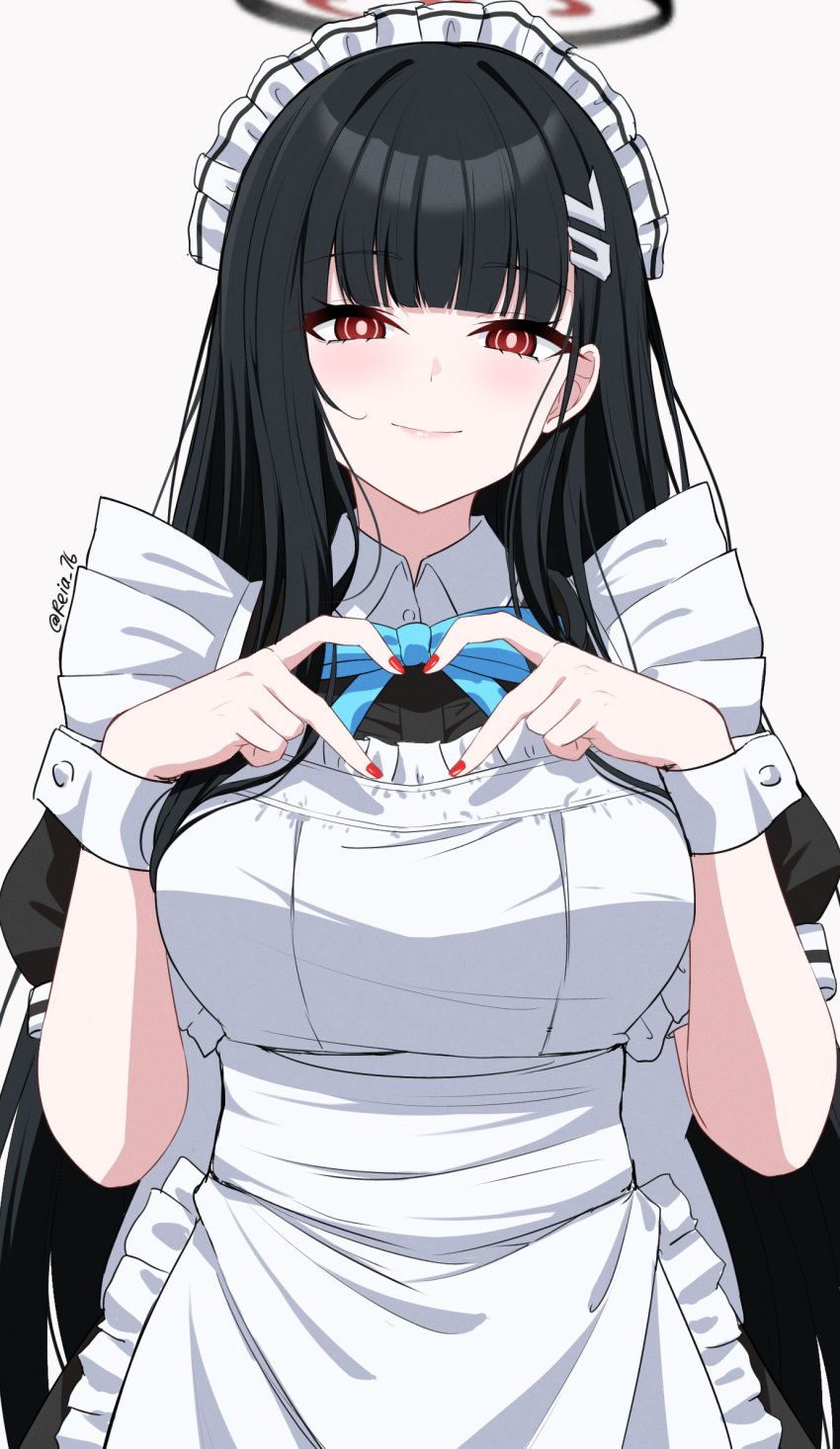 1girl apron black_dress black_hair blue_archive blue_bow blue_bowtie blush bow bowtie breasts bright_pupils collared_dress commentary dress hair_ornament hairclip halo heart heart_hands highres large_breasts long_hair looking_at_viewer maid_apron maid_headdress red_eyes red_nails reia_76 rio_(blue_archive) smile solo twitter_username white_pupils wrist_cuffs