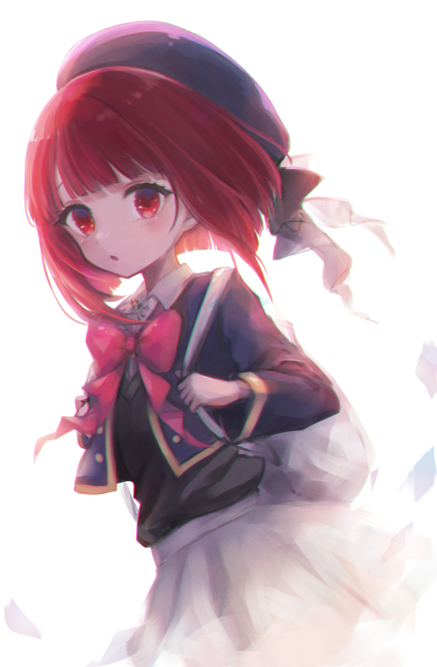 1girl 27vel absurdres arima_kana backpack bag beret blunt_bangs blunt_ends blush bow bowtie hat highres holding_strap looking_at_viewer oshi_no_ko red_bow red_bowtie red_eyes redhead skirt solo white_skirt