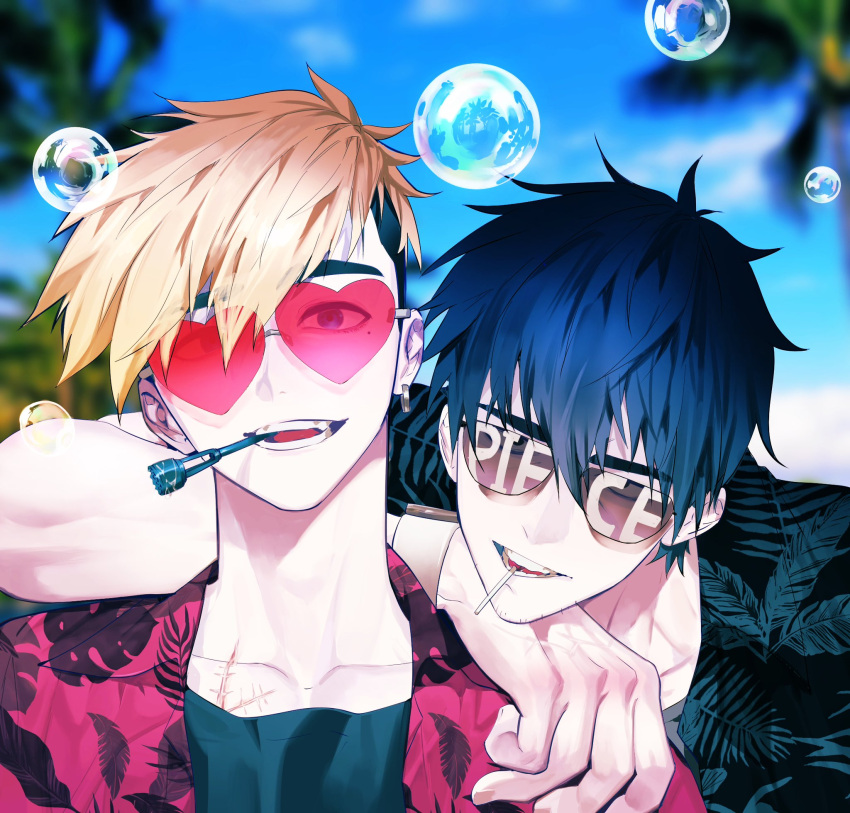 2boys black_hair black_shirt blonde_hair bubble collarbone collared_shirt day earrings facial_hair gaeha_is heart heart-shaped_eyewear highres jewelry looking_at_viewer male_focus mouth_hold multiple_boys nicholas_d._wolfwood open_mouth outdoors red_shirt scar scar_on_chest shirt short_sleeves single_earring smile stubble sunglasses teeth_hold trigun trigun_stampede undercut upper_body vash_the_stampede watch watch