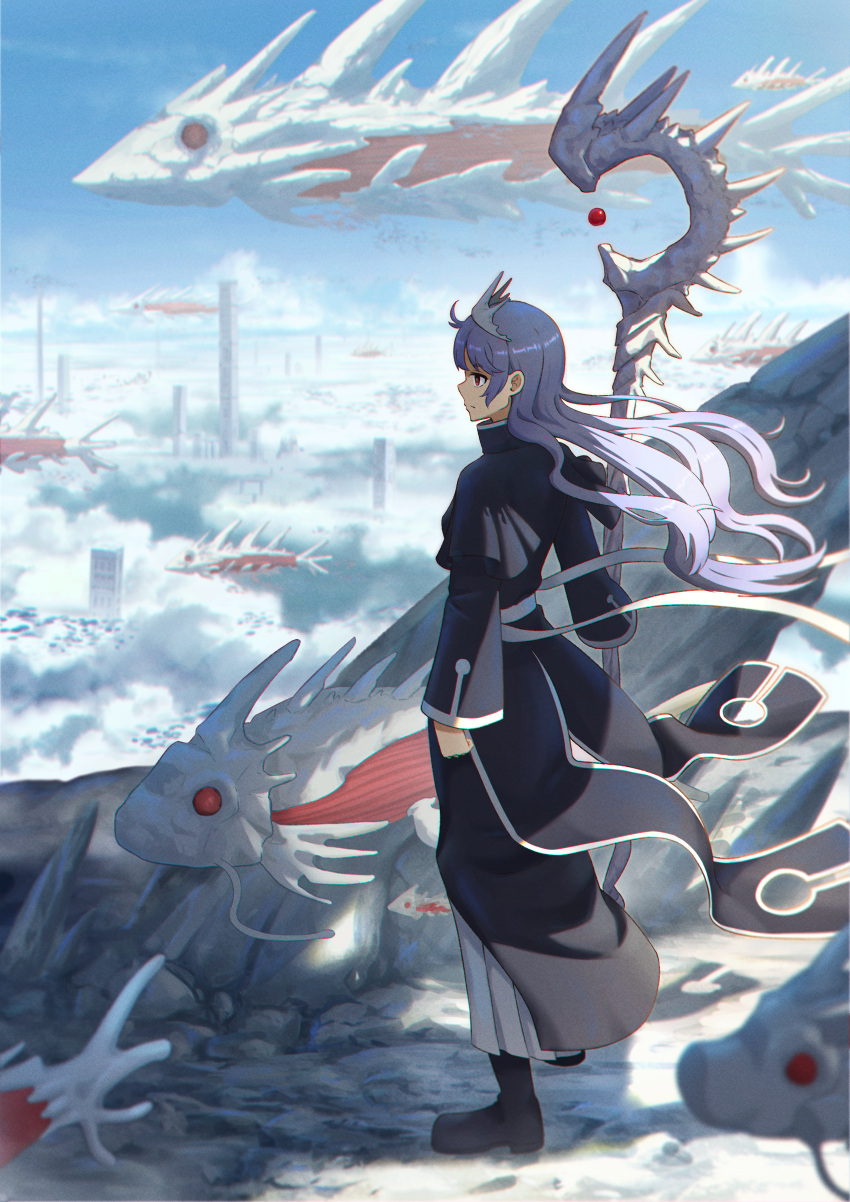 1girl absurdres black_footwear black_jacket blue_sky boots closed_mouth clouds commentary_request crown day full_body hanagamigendai highres holding holding_staff jacket long_hair long_sleeves looking_to_the_side original outdoors purple_hair red_eyes sky solo staff standing wizard