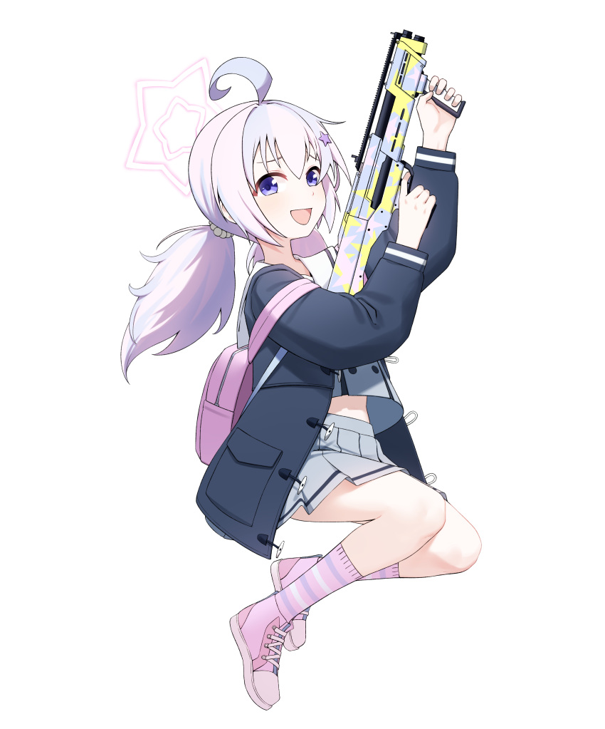 1girl :d absurdres ahoge artpatient blue_archive blue_hair full_body gun hair_ornament halo highres holding holding_gun holding_weapon long_hair long_sleeves looking_at_viewer midriff multicolored_hair open_mouth pink_footwear pink_hair reisa_(blue_archive) school_uniform shoes shotgun simple_background smile socks solo standard_manufacturing_dp-12 star_(symbol) star_hair_ornament star_halo striped striped_socks two-tone_hair violet_eyes weapon white_background