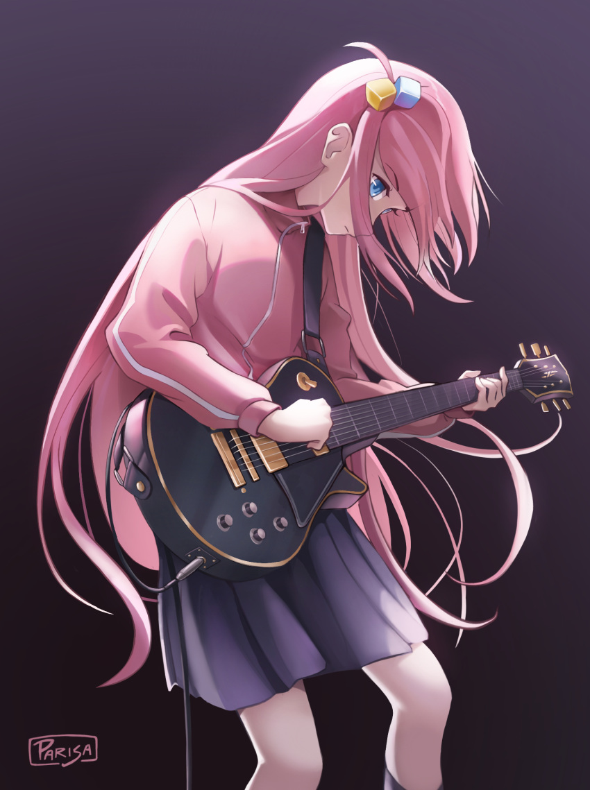 1girl artist_name black_skirt black_socks blue_eyes bocchi_the_rock! closed_mouth cube_hair_ornament gotou_hitori gradient_background guitar hair_ornament highres instrument jacket long_hair music one_side_up parisa_reaz pink_hair pink_jacket playing_instrument pleated_skirt sidelocks skirt socks solo standing very_long_hair