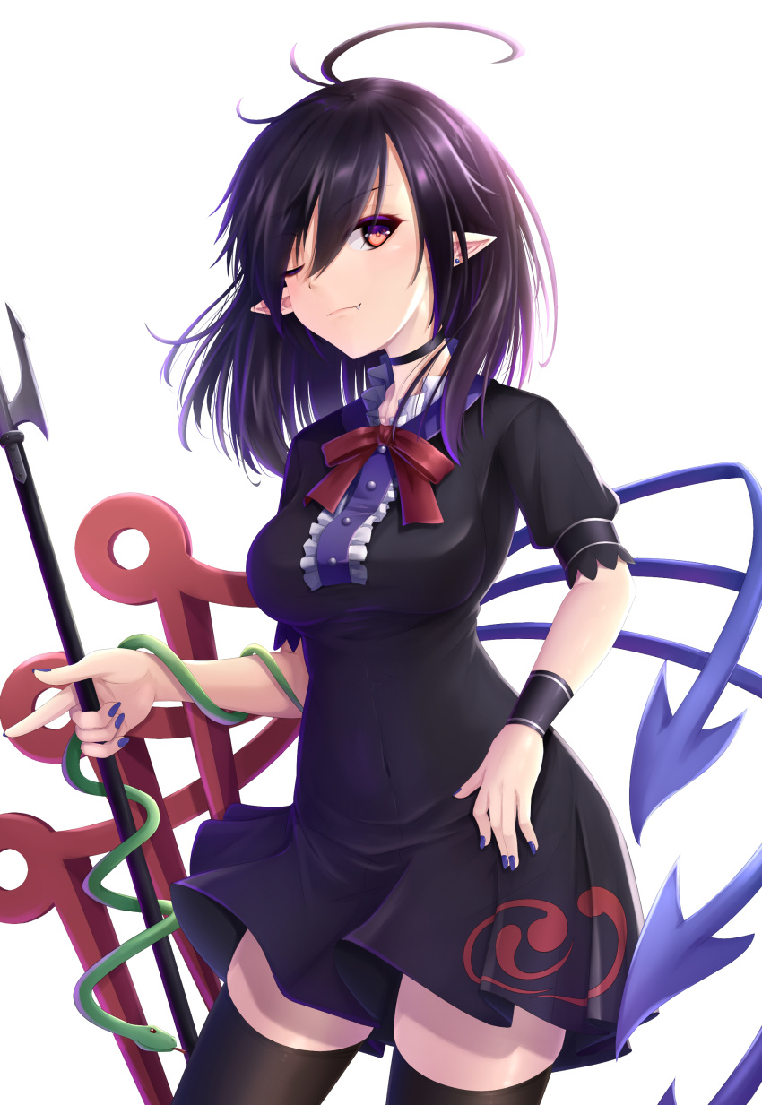 1girl absurdres ahoge asymmetrical_wings black_dress black_hair black_thighhighs blue_wings bow bowtie breasts center_frills closed_mouth commentary_request cowboy_shot dress earrings fang frills highres houjuu_nue jewelry looking_at_viewer medium_hair one_eye_closed pointy_ears polearm red_bow red_bowtie red_eyes red_wings seiya_(iiseven) short_sleeves simple_background snake_armband solo thigh-highs touhou trident weapon white_background wings wristband