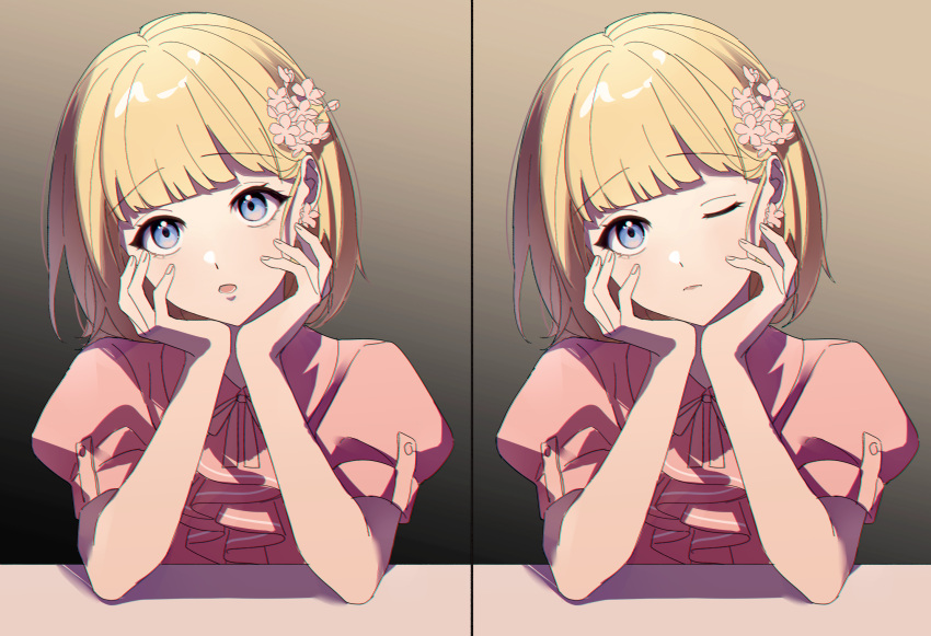 2girls arm_support blonde_hair blue_eyes blunt_bangs closed_mouth collared_shirt elbow_rest elbows_on_table flower hair_flower hair_ornament hands_on_own_chin head_rest head_tilt highres honeyworks looking_at_viewer multiple_girls multiple_views narumi_mona one_eye_closed open_mouth pink_ribbon pink_shirt ribbon shirt short_hair short_sleeves split_screen upper_body worried yoriko