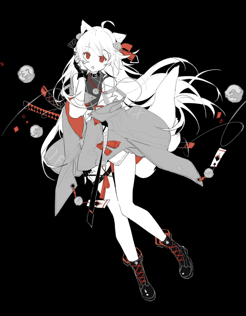 1girl ahoge animal_ears black_background black_choker black_footwear black_gloves boots choker colored_skin fox_ears fox_tail full_body gloves grey_jacket highres jacket katana limited_palette long_hair long_sleeves looking_at_viewer mechari off_shoulder open_mouth original pom_pom_(clothes) red_eyes red_ribbon ribbon solo sword tail tassel very_long_hair weapon white_hair white_skin wide_sleeves