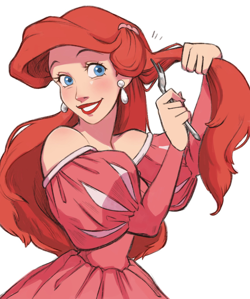 1girl ariel_(disney) blue_eyes dress earrings european_clothes fork highres holding holding_fork jewelry long_hair looking_at_viewer pink_dress red_lips redhead simple_background solo teeth the_little_mermaid user_wtwz3334 white_background