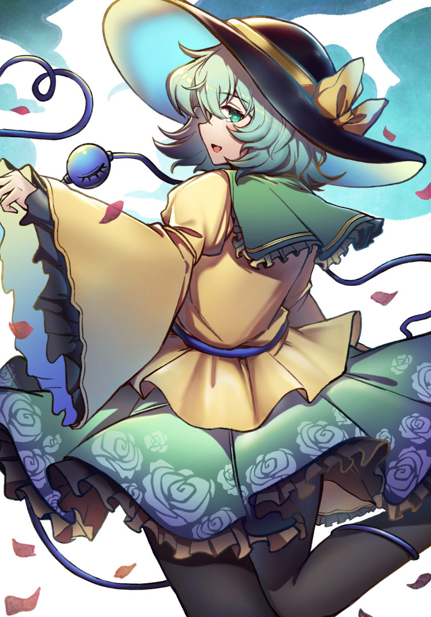 1girl black_headwear black_pantyhose bow commentary_request falling_petals feet_out_of_frame floral_print foot_up frilled_skirt frilled_sleeves frills from_behind green_eyes green_skirt hand_up hat hat_bow heart heart-shaped_pupils highres komeiji_koishi long_sleeves looking_at_viewer medium_hair open_mouth pantyhose petals profile rose_print shishui_guima sideways_mouth skirt solo symbol-shaped_pupils third_eye touhou wide_sleeves yellow_bow