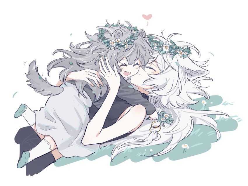 2girls animal_ears arknights child closed_mouth crop_top female_child flower grey_fur grey_hair heart highres holding holding_flower kaleka kiss kissing_cheek lappland_(arknights) lying multiple_girls on_back open_mouth shoes skirt smile socks tail texas_(arknights) white_flower white_hair wolf_ears wolf_girl wolf_tail