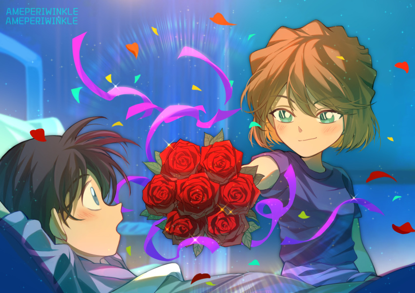 1boy 1girl absurdres aqua_eyes arm_at_side arm_pillow artist_name black_hair blanket blue_background blue_eyes blush bob_cut bouquet brown_hair child closed_mouth confetti edogawa_conan eye_contact female_child glint haibara_ai heart highres indoors light_particles looking_at_another male_child meitantei_conan on_bed open_mouth outstretched_arm purple_shirt shirt short_hair short_sleeves smile surprised suzushi t-shirt under_covers upper_body