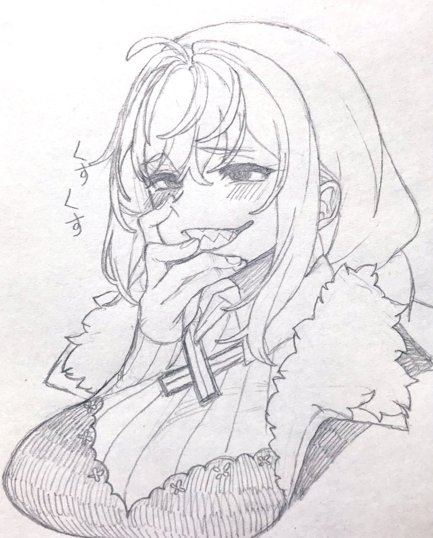 1girl @_@ ahoge blush braid breasts collared_shirt commentary_request cropped_torso cross_tie fur-trimmed_jacket fur_trim furrowed_brow graphite_(medium) greyscale grin half-closed_eyes hand_on_own_face highres jacket kizuna_akari large_breasts laughing monochrome open_clothes open_jacket raised_eyebrows ribbed_shirt sharp_teeth shirt shirt_under_dress simple_background smile solo teeth toriniku29 traditional_media translation_request vocaloid voiceroid
