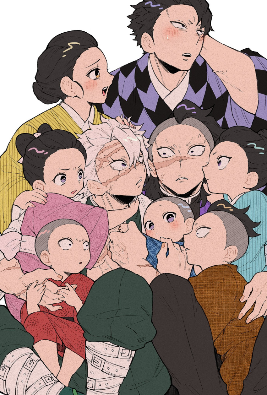 4girls 6+boys affectionate alternate_universe annoyed black_hair black_pants blush bow-shaped_hair brother_and_sister brothers brown_kimono buzz_cut carrying child child_carry demon_slayer_uniform family female_child gohanha118 green_pants grey_hair group_hug hair_bun hair_pulled_back hand_on_another's_back hand_on_another's_head hand_on_another's_shoulder hand_up headpat highres holding_hands hug japanese_clothes kimetsu_no_yaiba kimono knees_up long_sleeves looking_at_another looking_at_viewer looking_away male_child mohawk multiple_boys multiple_girls pants pink_kimono red_kimono scar scar_on_arm scar_on_chest scar_on_face scar_on_forehead scar_on_nose scratching_head shinazugawa_genya shinazugawa_hiroshi shinazugawa_koto shinazugawa_kyougo shinazugawa_sanemi shinazugawa_shizu shinazugawa_shuya shinazugawa_sumi shinazugawa_teiko short_hair siblings simple_background single_hair_bun sisters sitting sitting_on_lap sitting_on_person updo very_short_hair violet_eyes white_background wide_sleeves yellow_eyes yellow_kimono