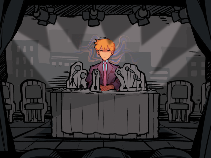 1boy blonde_hair closed_mouth collared_shirt commentary english_commentary formal highres long_sleeves looking_at_viewer male_focus microphone mob_psycho_100 mp100days necktie press_conference reigen_arataka shirt short_hair solo stage stage_lights suit table